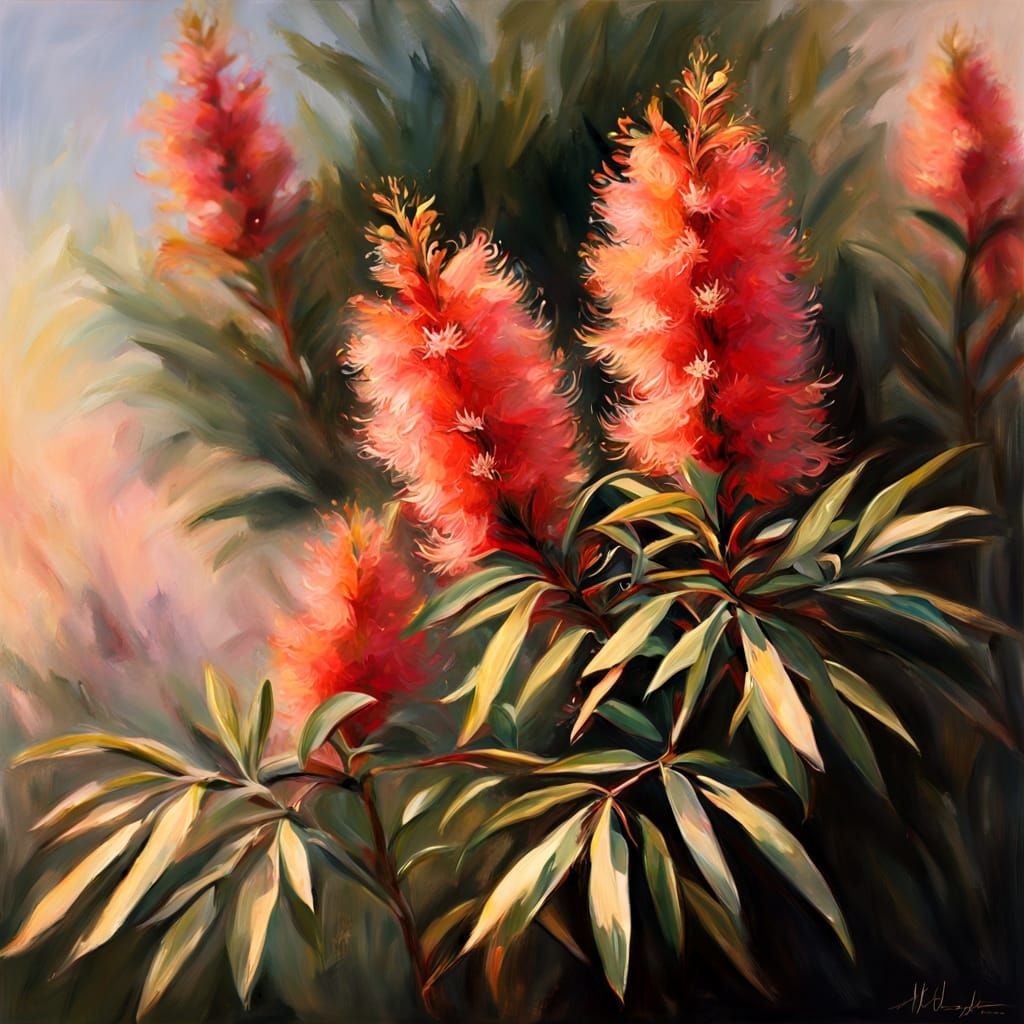 Impressionist Oil Painting of Callistemon Viminalis in Golde...