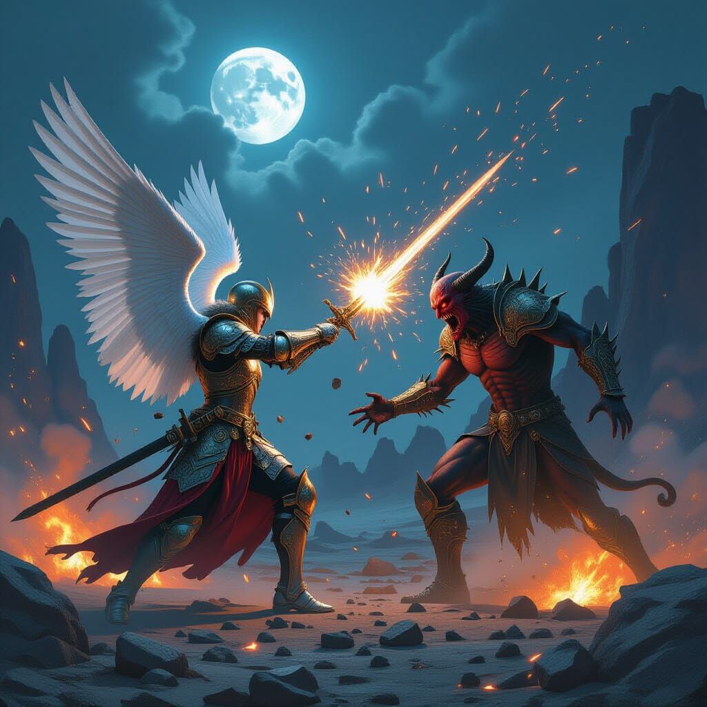 Epic Angel vs Demon Battle in Dystopian Landscape