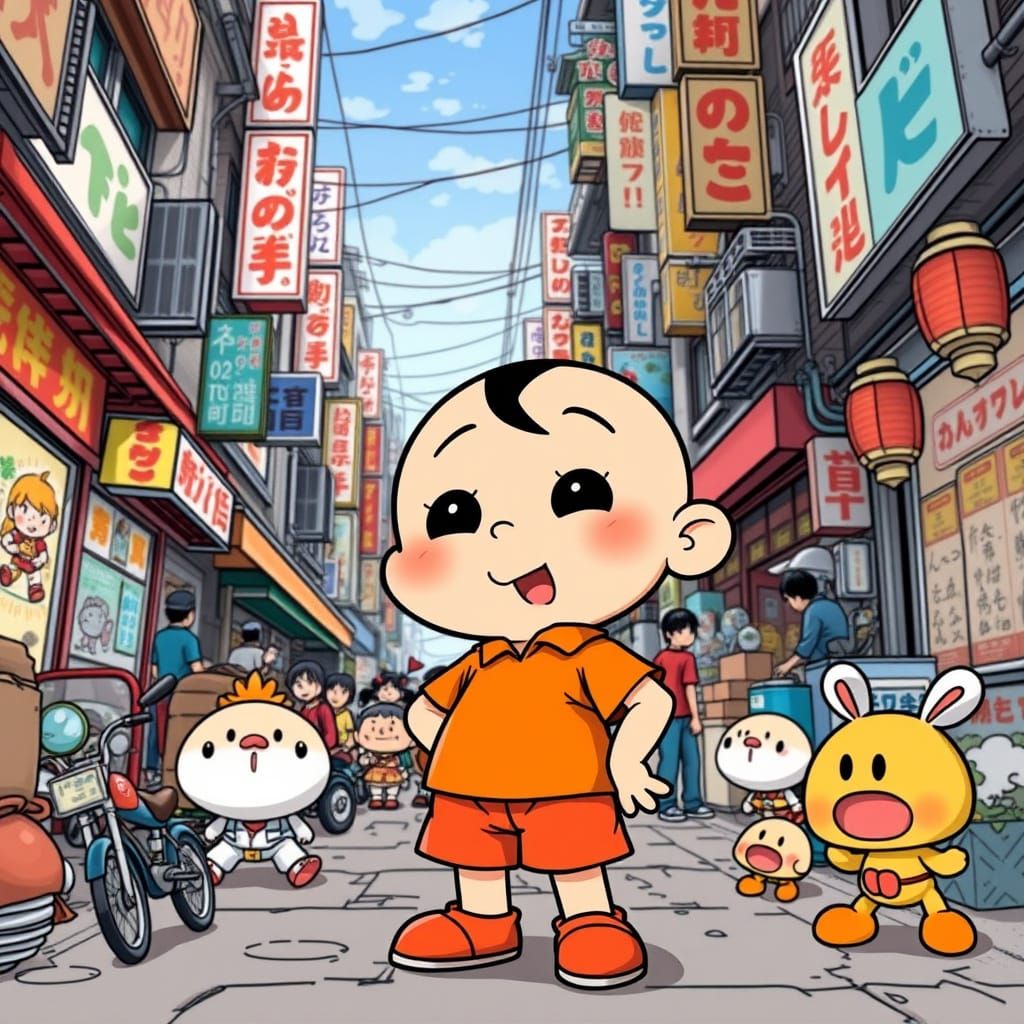 Crayon Shinchan in Chaotic Japanese Street, Manga Style