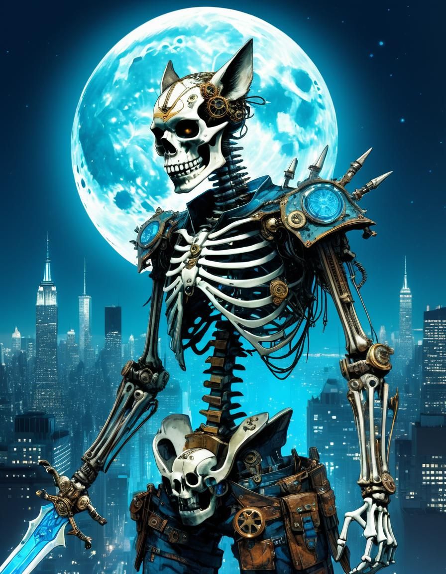 Steampunk Skeleton Werewolf with Magic Sword in Watercolor