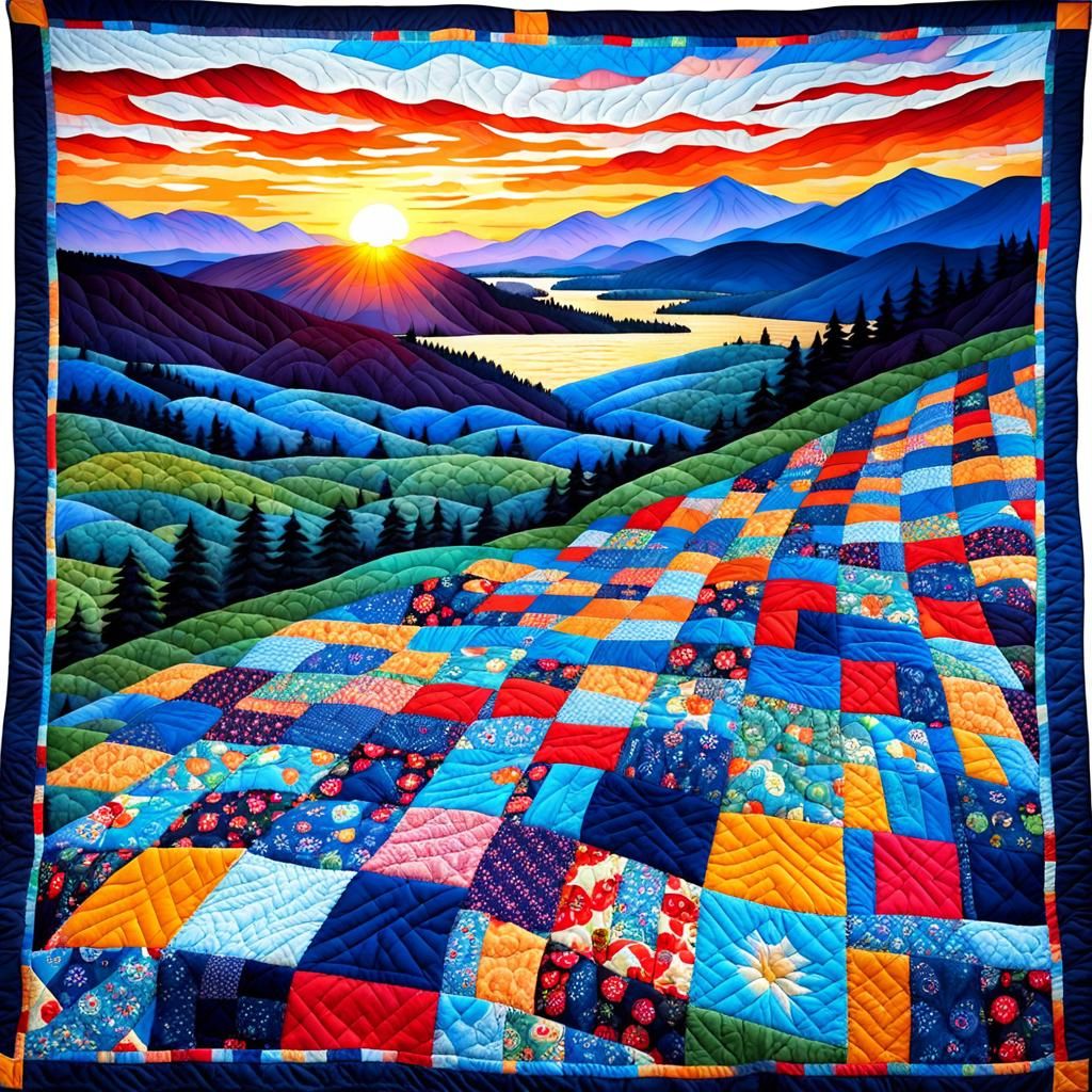 Patchwork quilt,  beautiful sunset