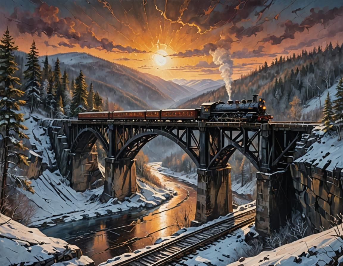 Steam Locomotive on Railway Bridge: Acrylic Painting