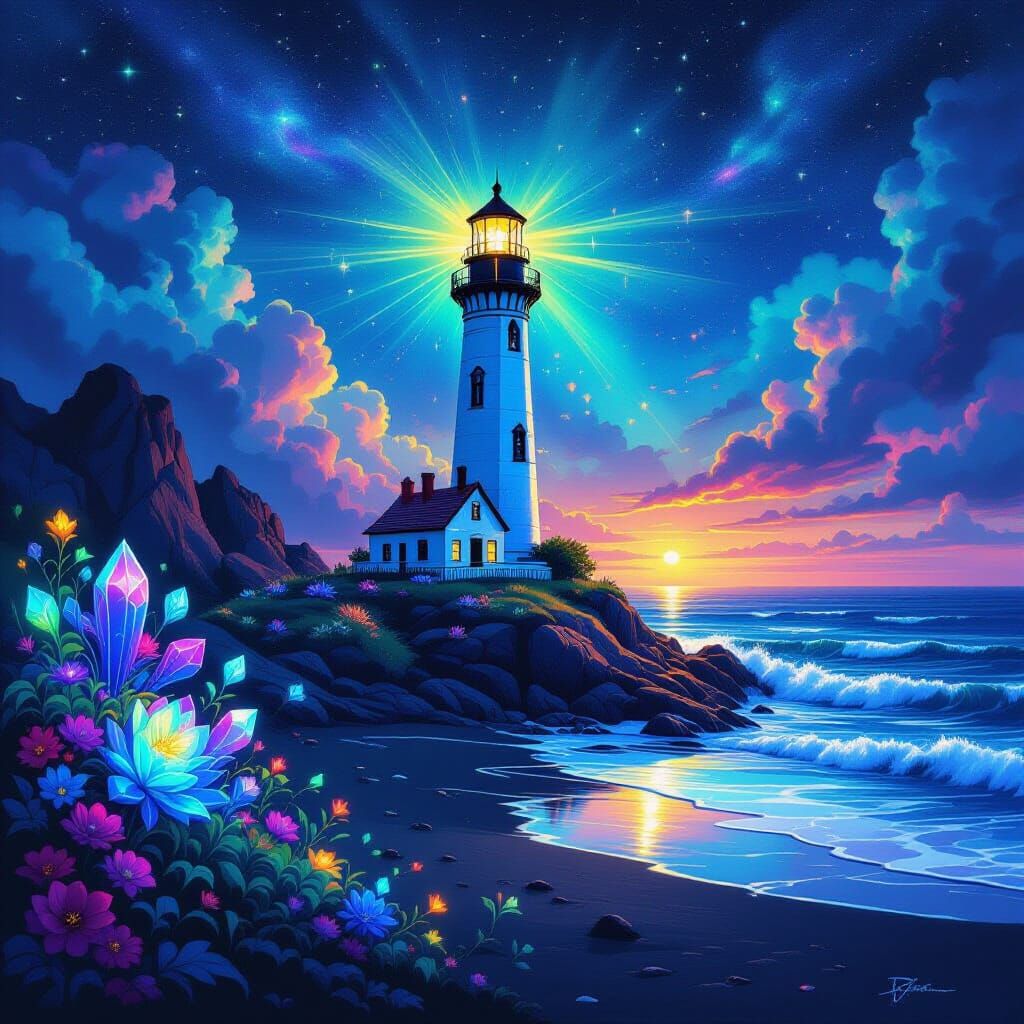 Crystal Lighthouse on Black Sand Beach, Surreal Cosmic Horro...