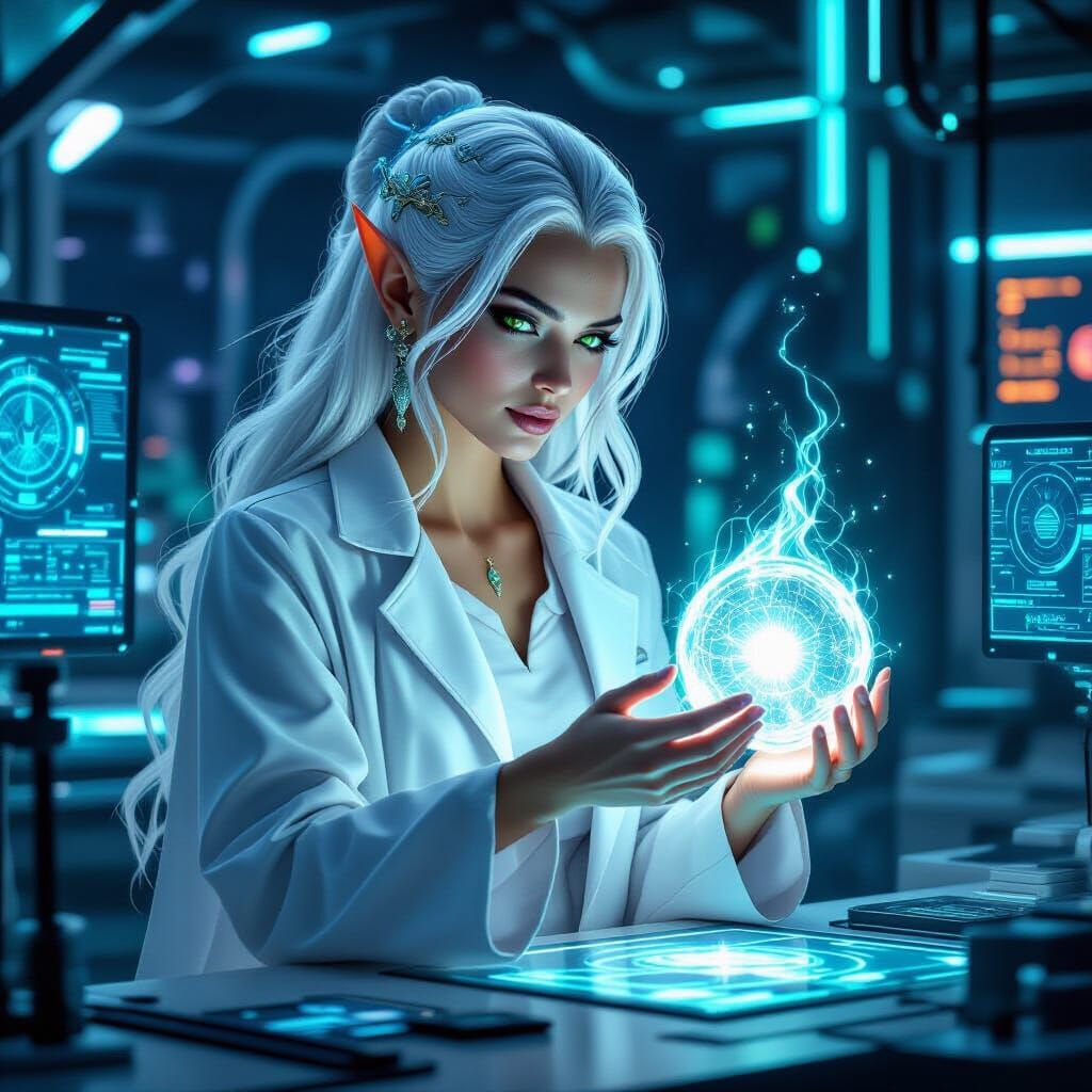 Elven Queen in Cyberpunk Lab, Art Nouveau Style
