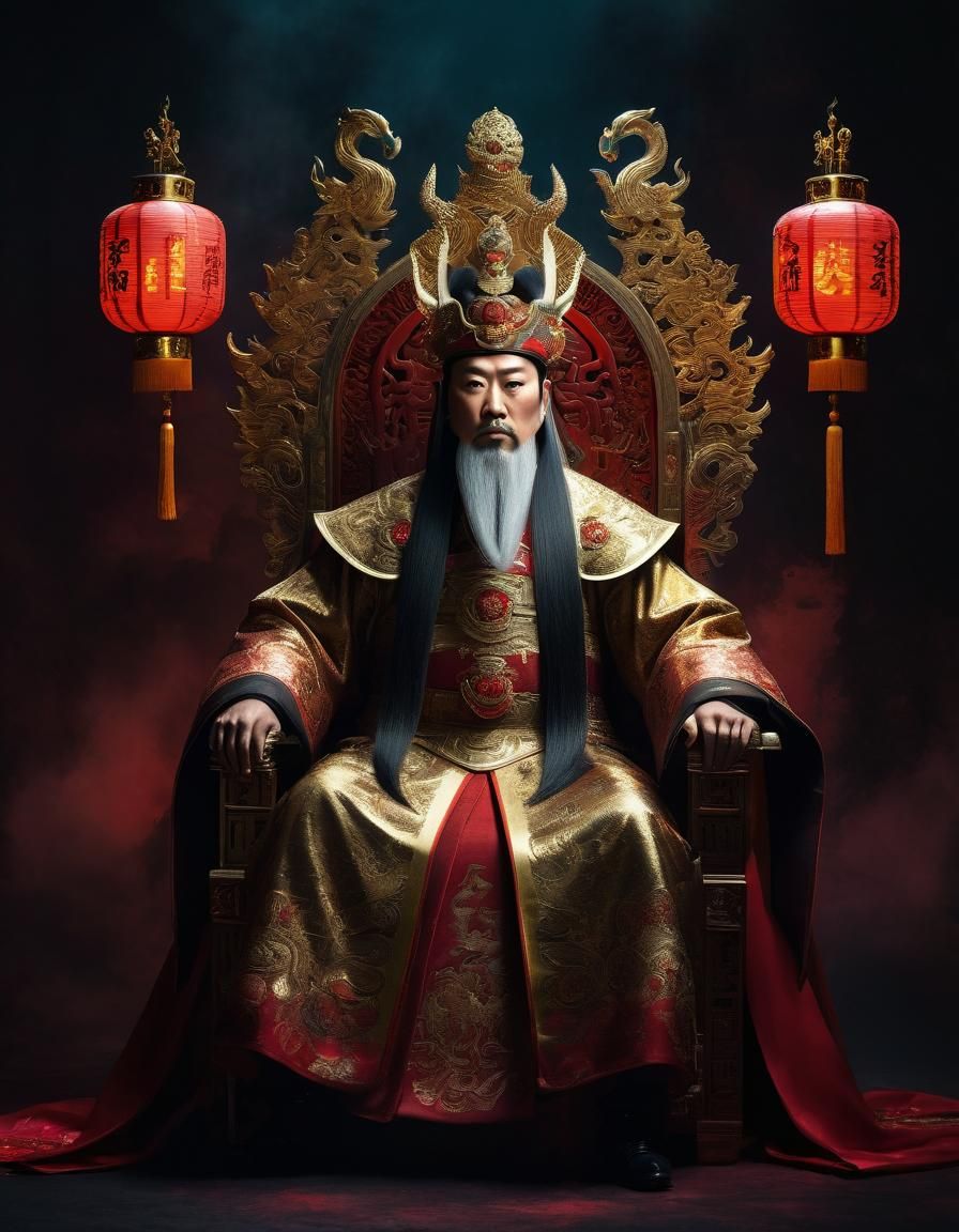 Majestic Chinese King with Glowing Eyes in Dark Fantasy Wate...