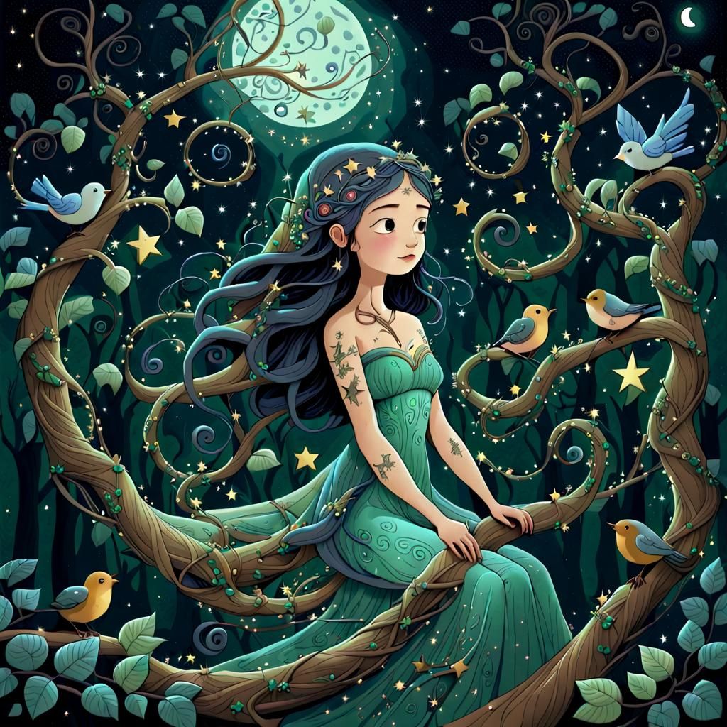 Enchanted Nature Goddess in Moonlit Forest