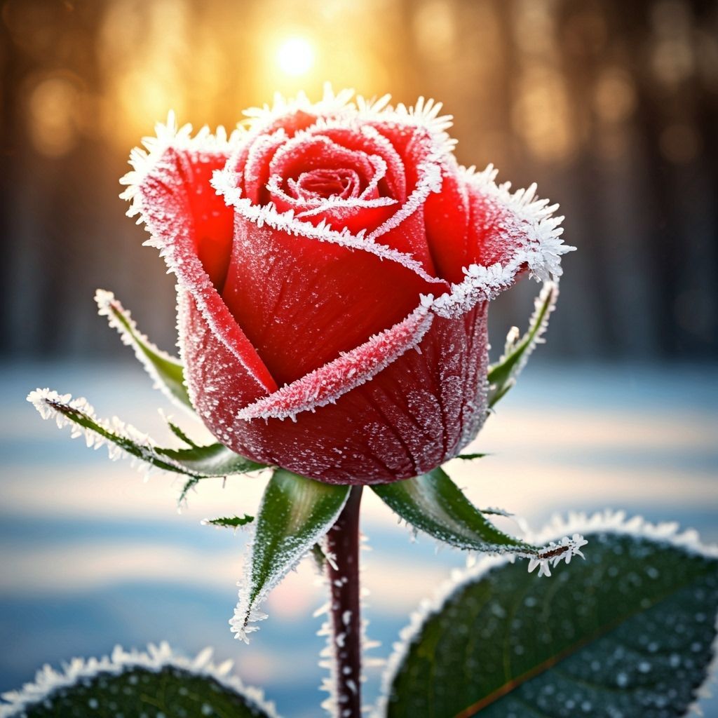 Crimson Rose Covered in Frost at Sunrise