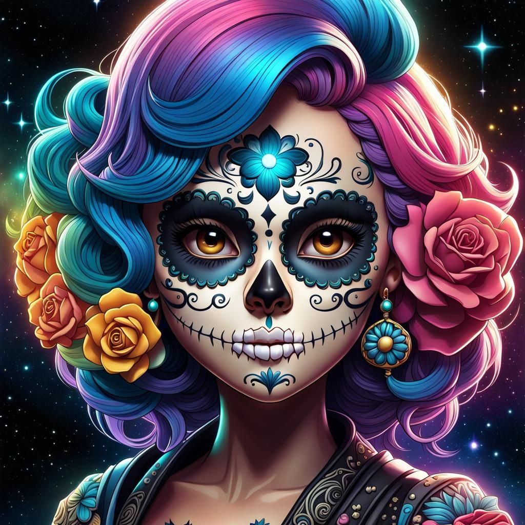 Hyperdetailed Chibi Sugar Skull in Galactic Setting