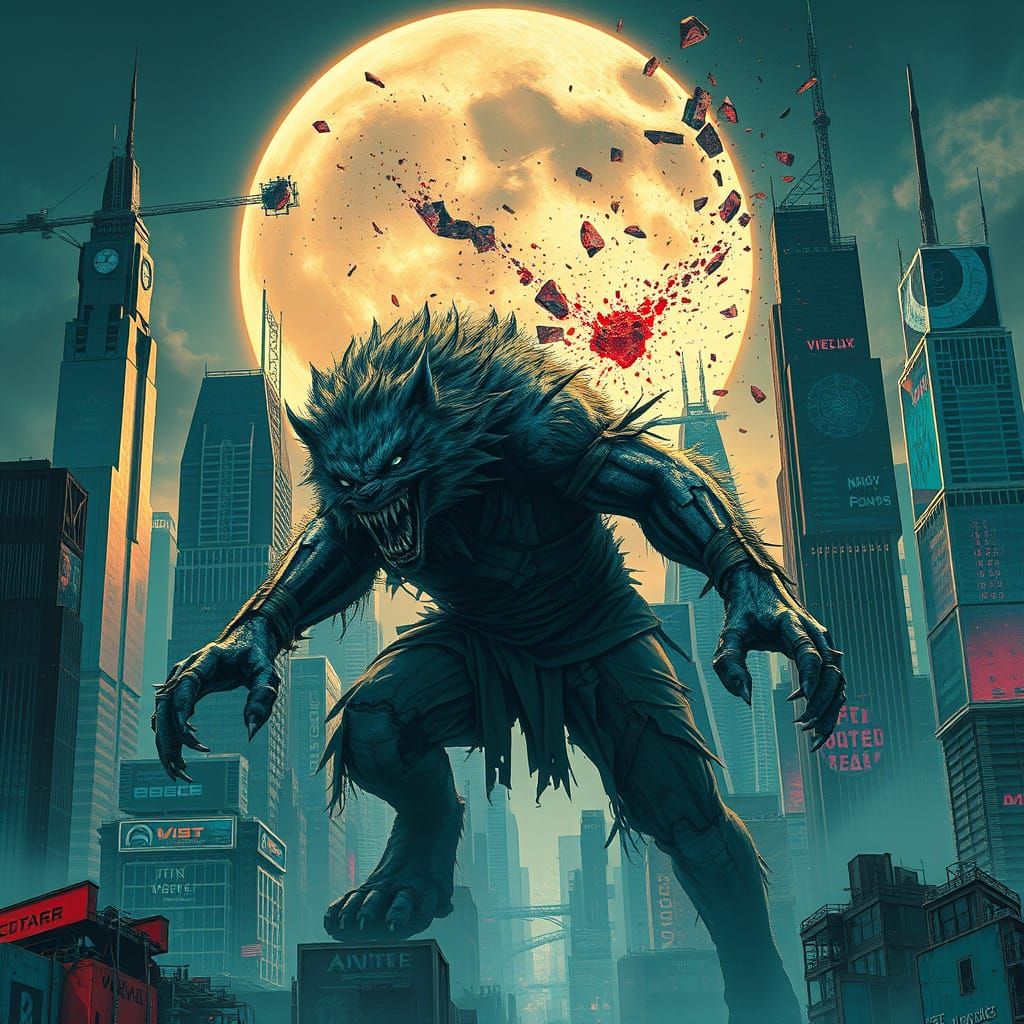 Kaiju Werewolf Destroys Mega City in Dystopian Art
