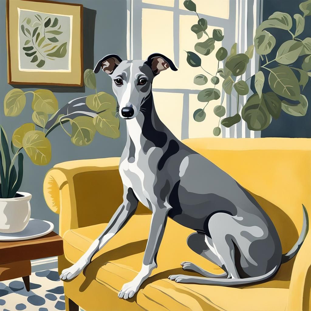 Cute Gray Whippet in Gouache Style