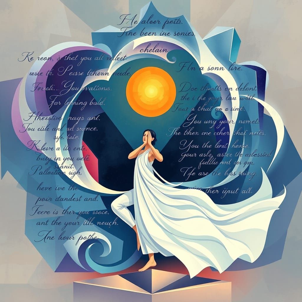 Abstract Cubist Yogi in Flowing Pose with Ethereal Script