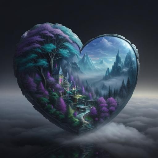 Ethereal Crystal Heart in a Fantasy Landscape