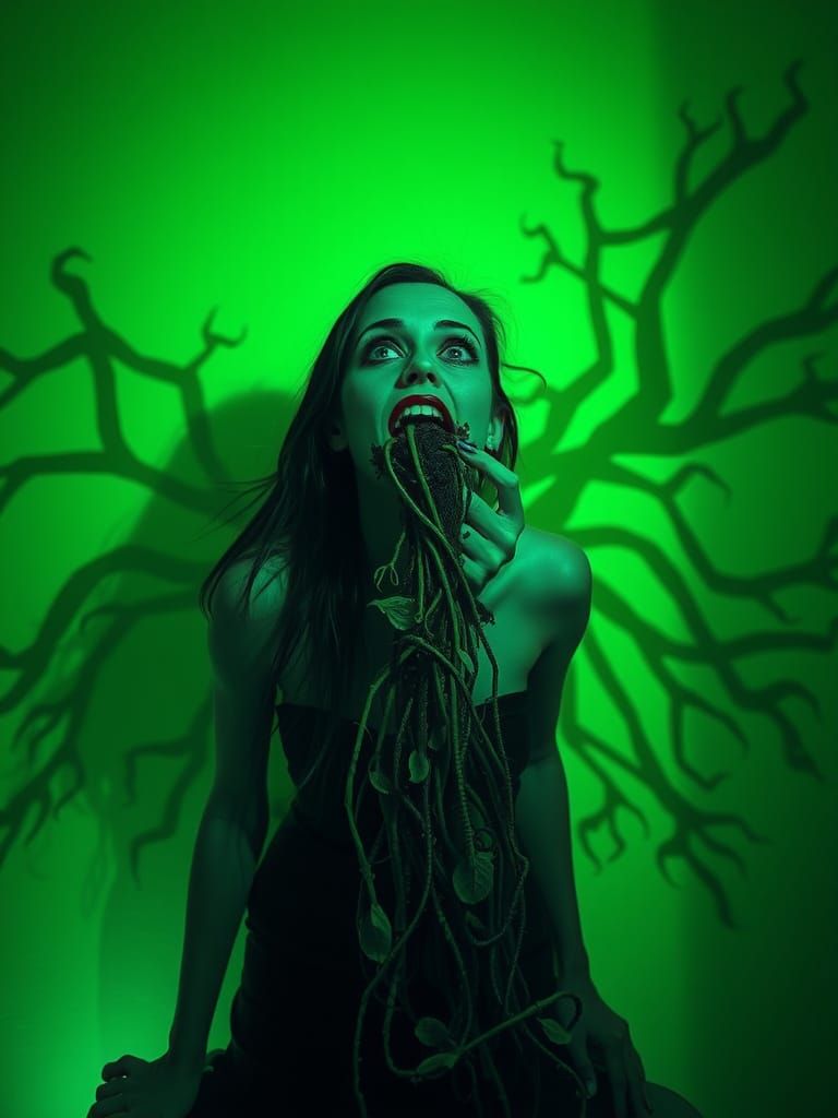 Lady in Trippy Nightmare Landscape with Dye-Transfer Aesthet...