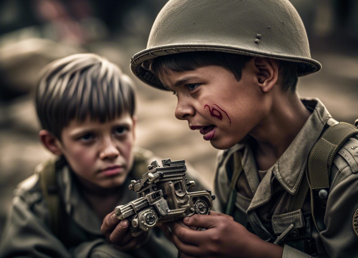 Boy Cries Before Soldier in War Zone