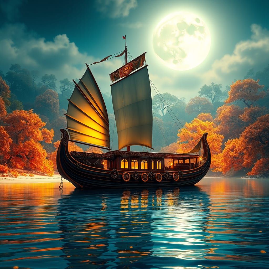 Majestic Boat Under a Full Moon in a Serene Lagoon