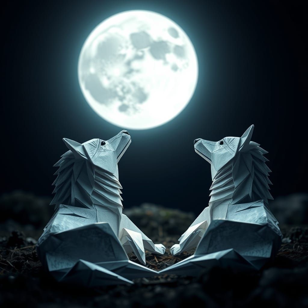 Moonlit Origami Wolves in Serene Night Scene