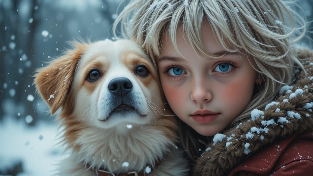 Boy and Dog in Winter Storm Abstraction