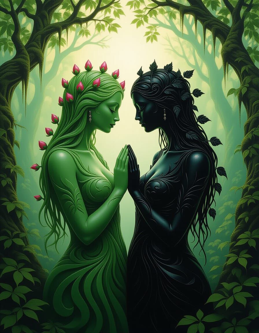 Slavic Plant Spirits: Jade and Onyx in Ethereal Forest