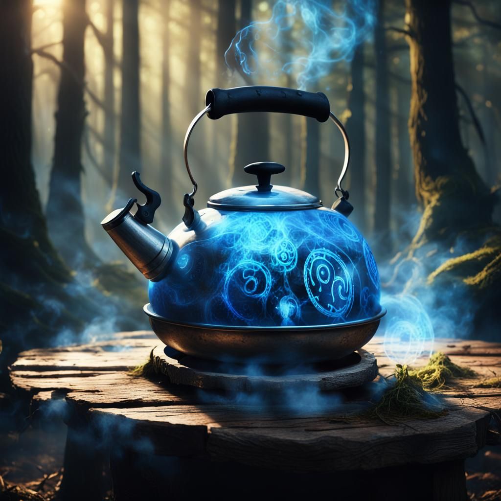 Whimsical Kettle in Mystic Forest