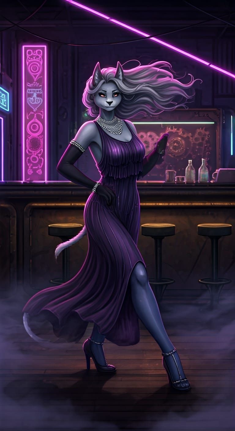 Cyberpunk Anthro Woman Dancing in Futuristic Bar