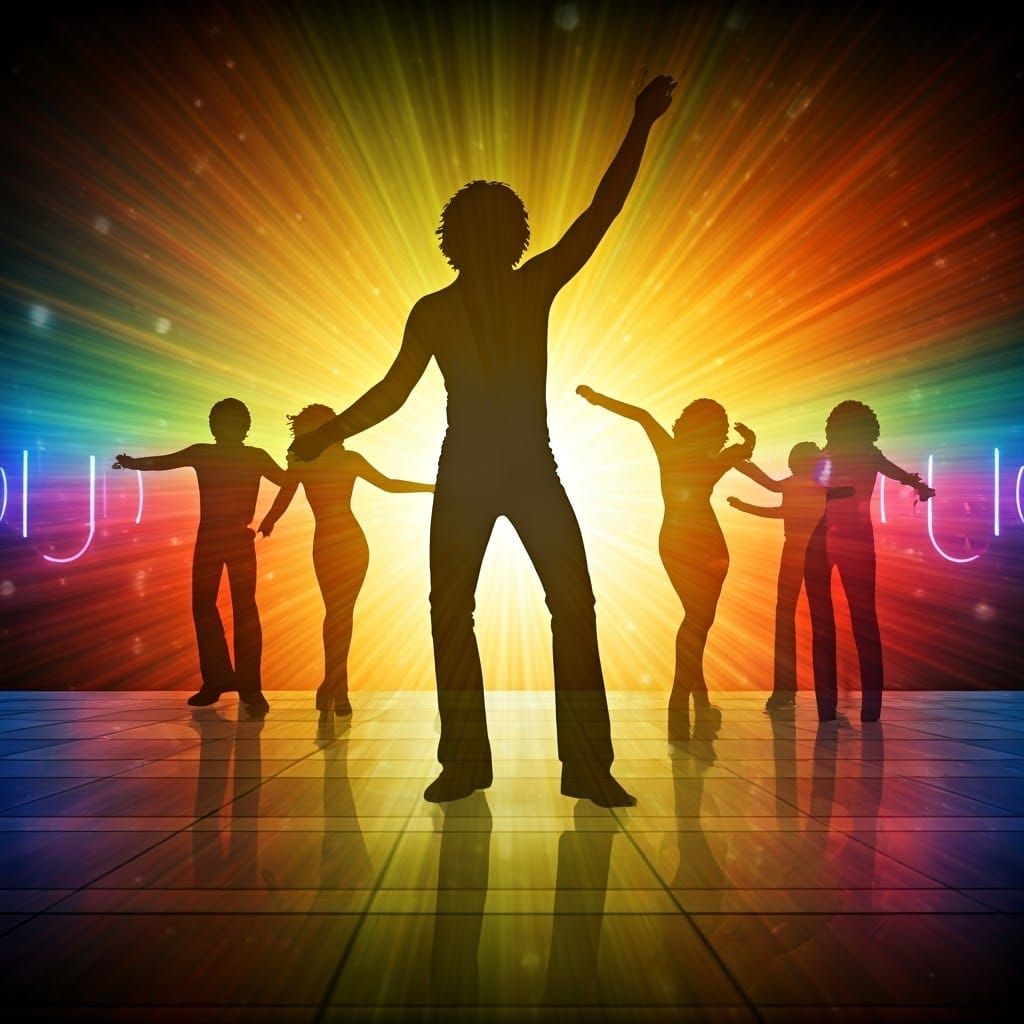 Vibrant Disco Era Dance Floor Scene in a Golden Glow