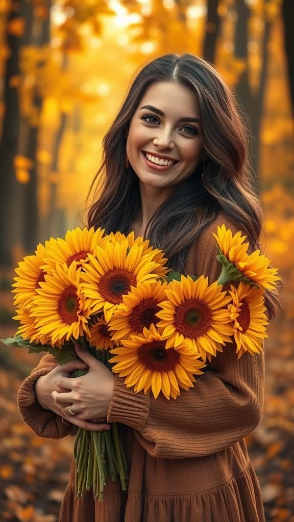 Woman's Thankfulness Surrounded by Autumnal Sunflowers