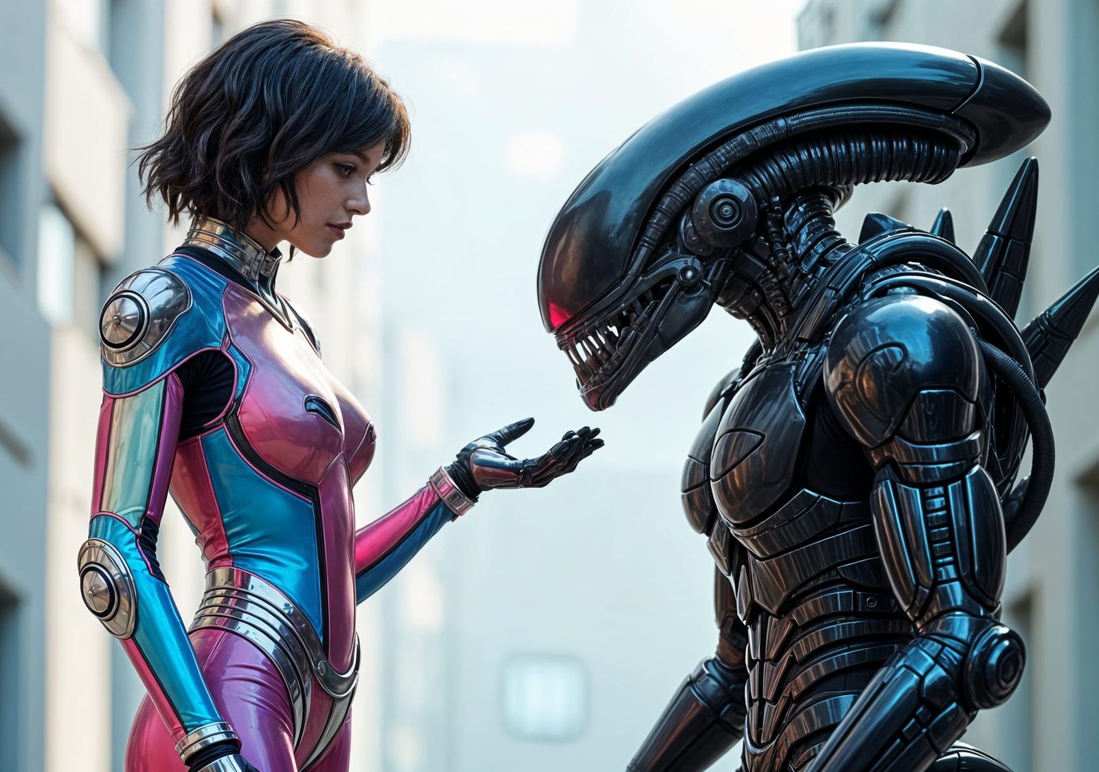 Sci-Fi Woman Extends Hand to Xenomorph