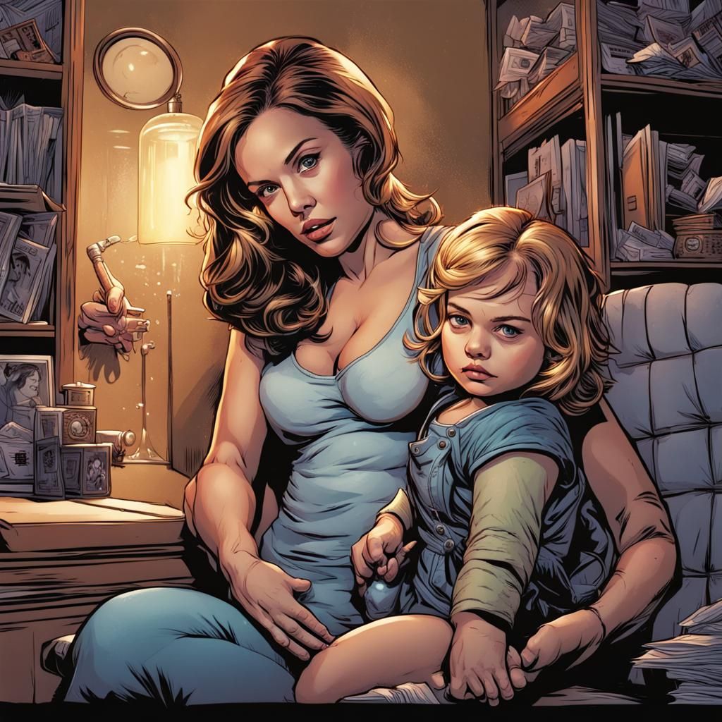 Babysitter Protecting Child in Comic Book Style