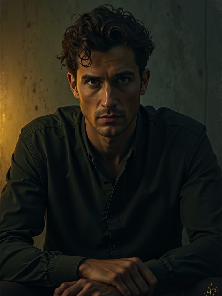 Intense Man in Dimly Lit Room: Chiaroscuro Oil Painting