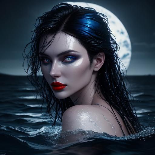 Woman Emerging from Water Under Moonlight