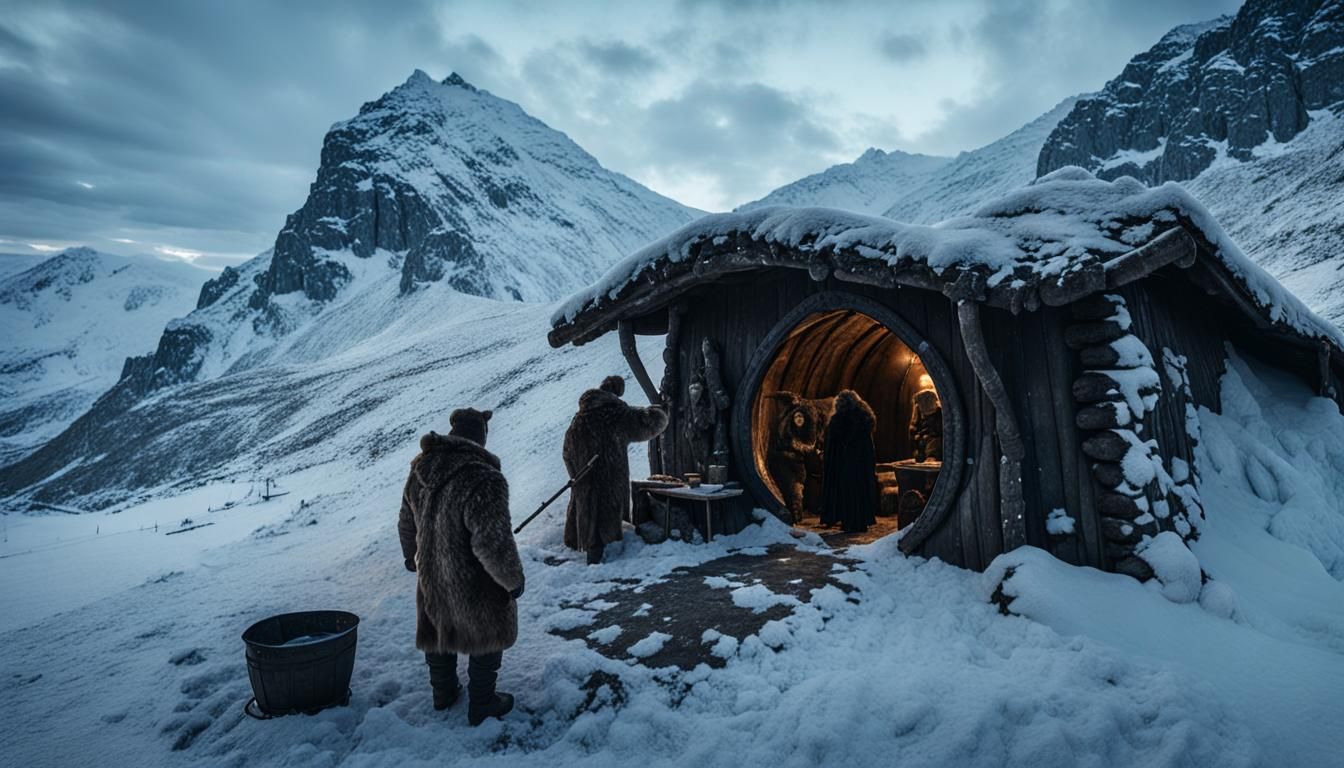 Snowy Mountain Hut with Fur-Clad Inhabitants