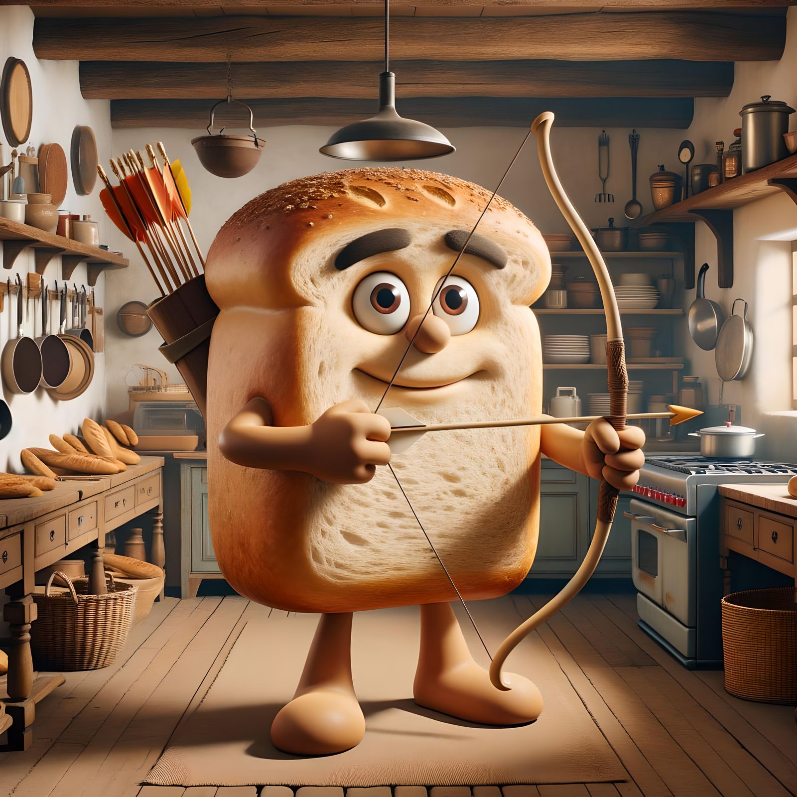Bread Archer in Rustic Kitchen Cartoon