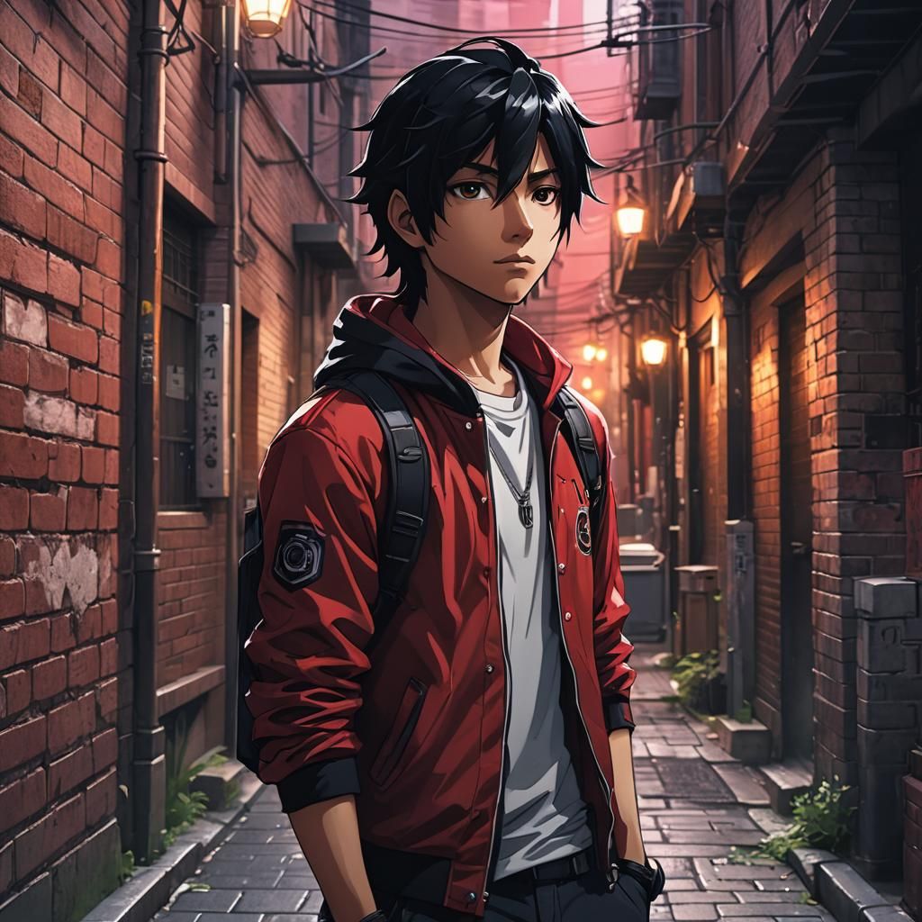 Anime Aaron in Dim Alleyway, Dark Fantasy Style