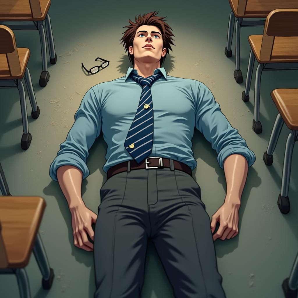 Man Lies Still on Classroom Floor as 3D Anime Art
