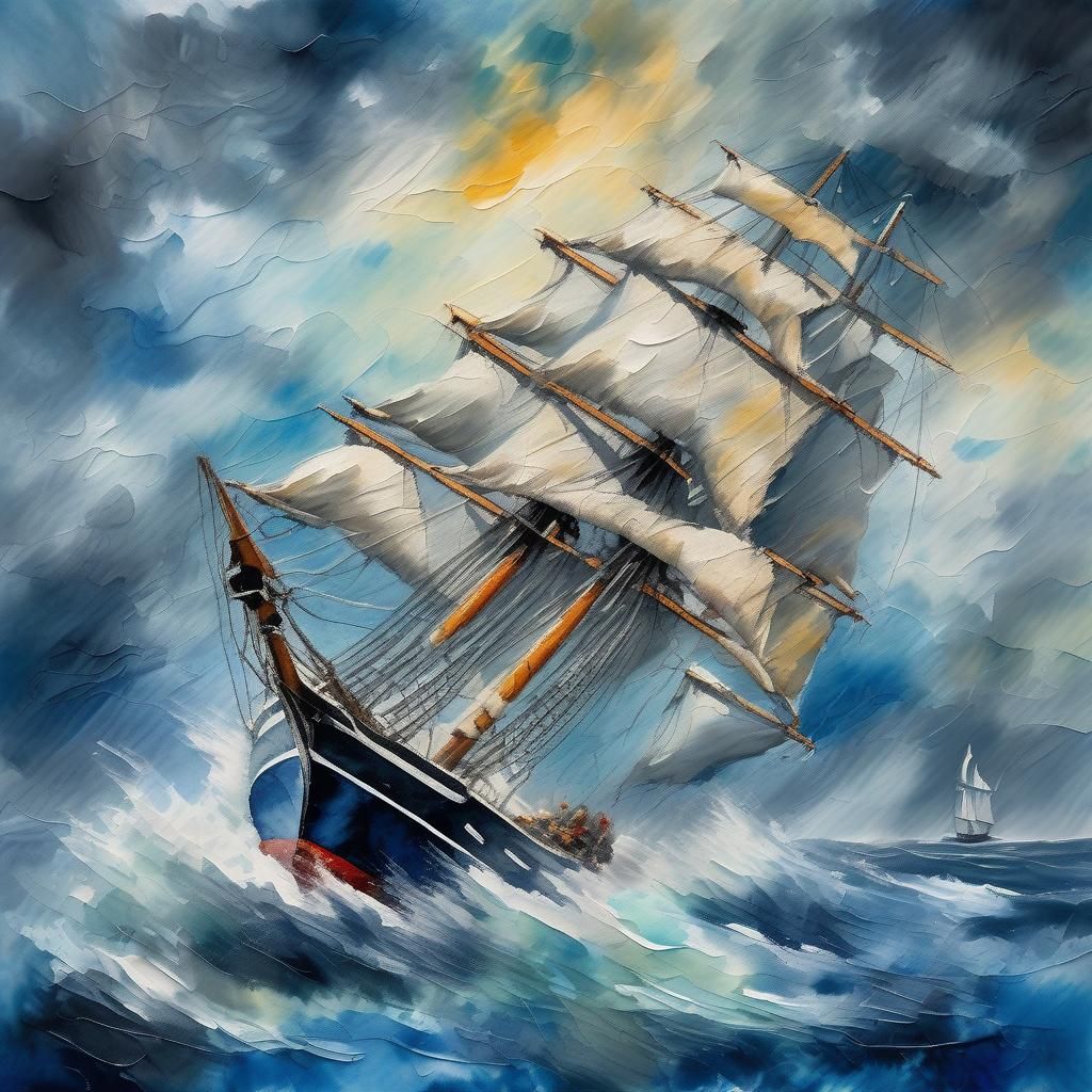 Tall Ship in Stormy Seas: Impasto Watercolor Painting
