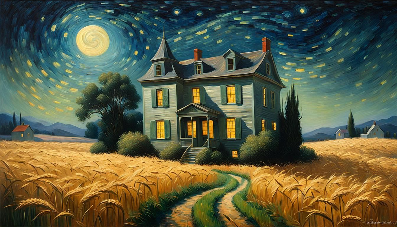 Starry Wheat Field Landscape in Impasto Gouache Style