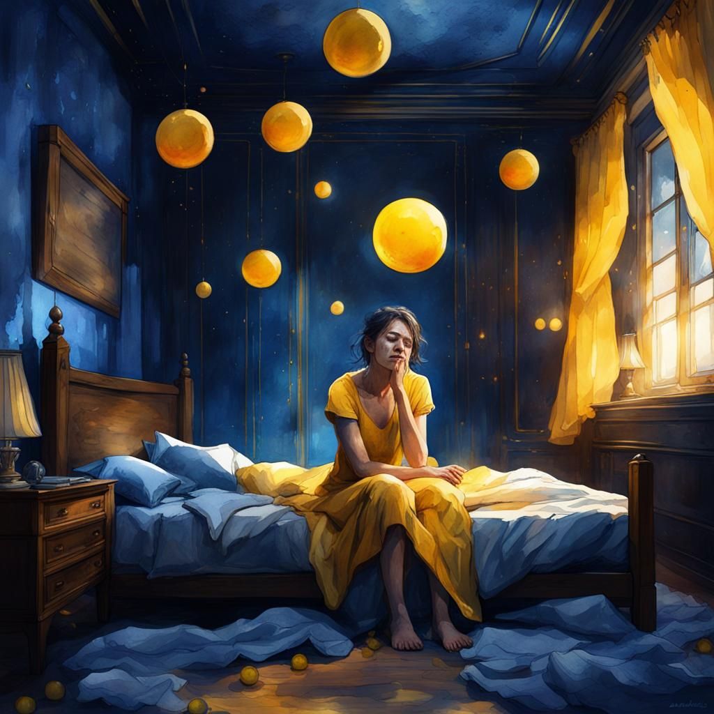 Woman Crying in Dark Bedroom: Watercolor Art