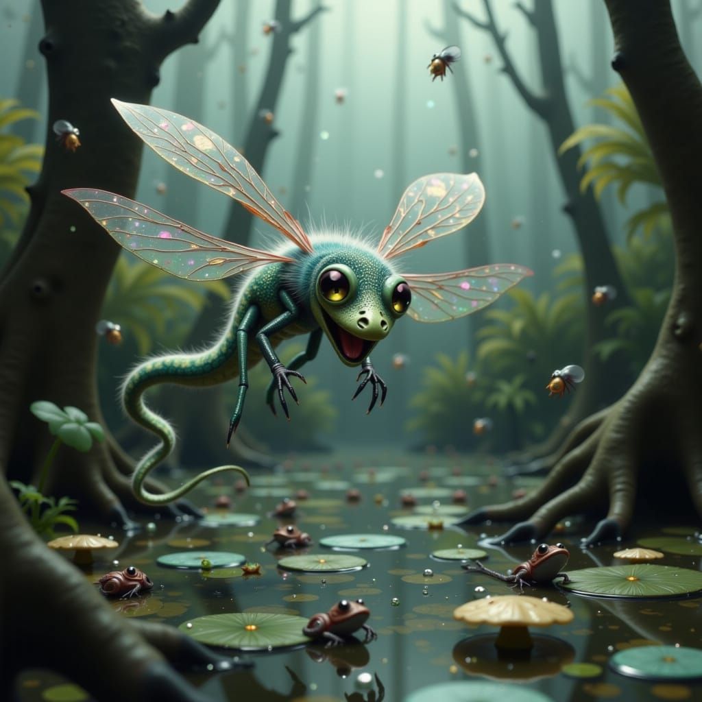 Whimsical Alligator-Dragonfly Hybrid in Dreamlike Swamp Scen...