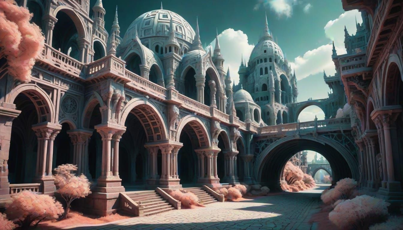 Surreal Cityscape in Vibrant Infrared Hues