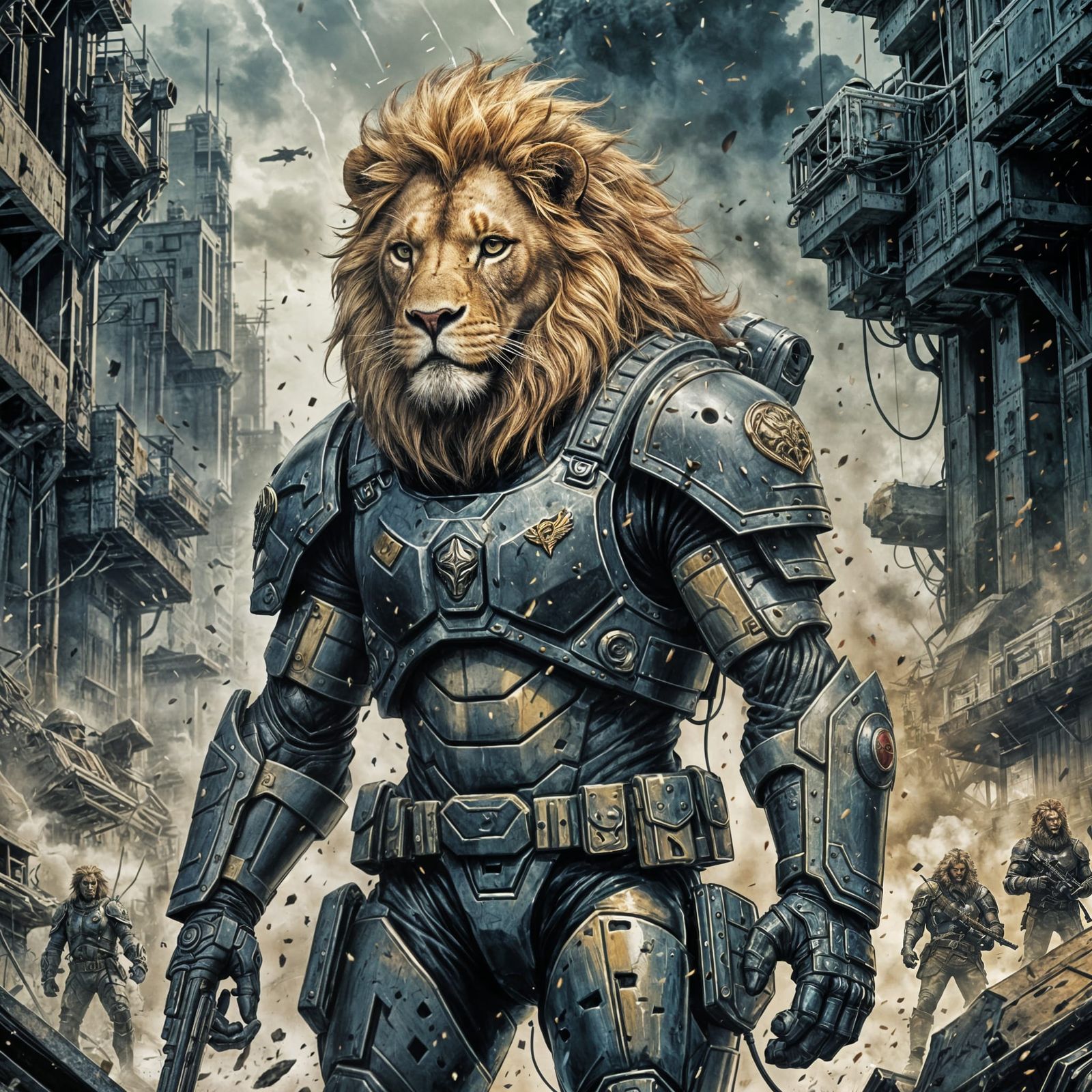 Anthropomorphic Lion Commando in Comic Book Style