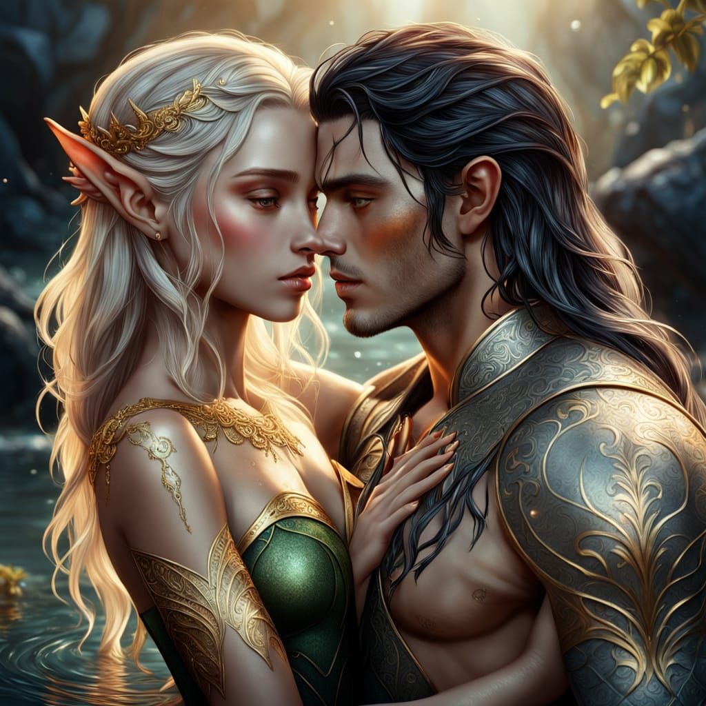 Ethereal Fantasy Couple Embracing in Golden Hour