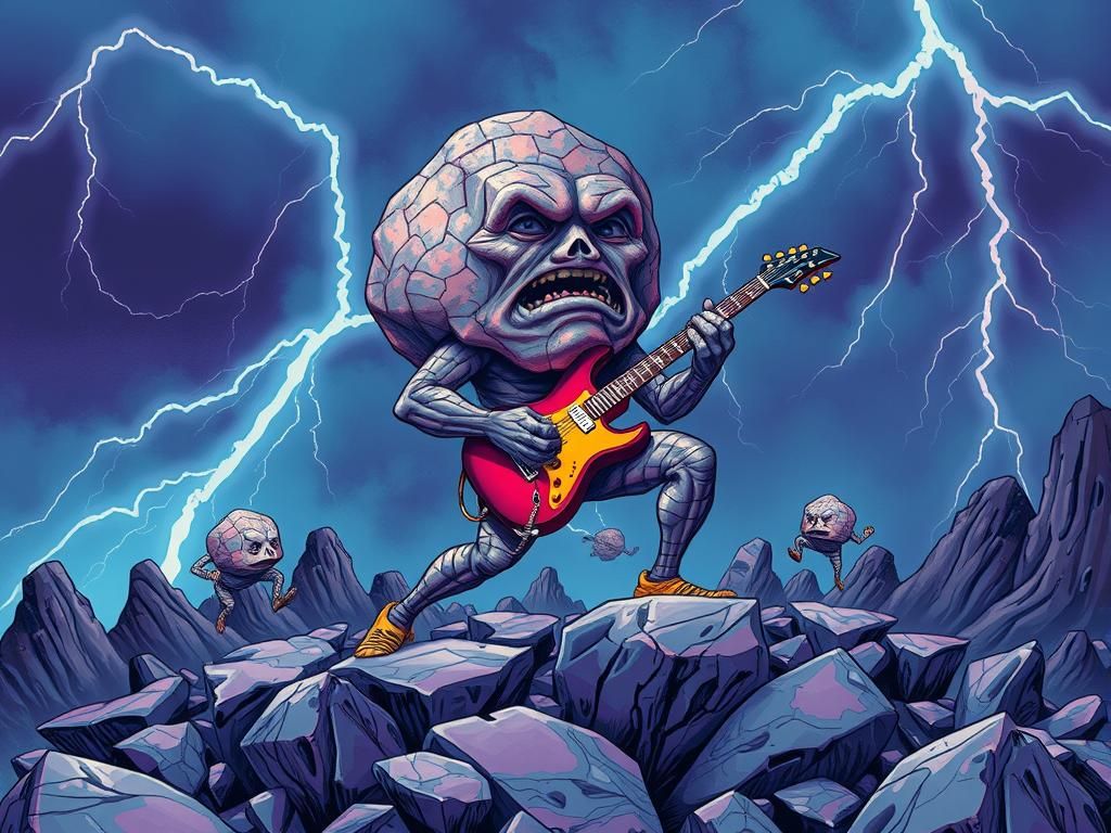 Rock Guitarist with Boulder Head in Surreal Setting