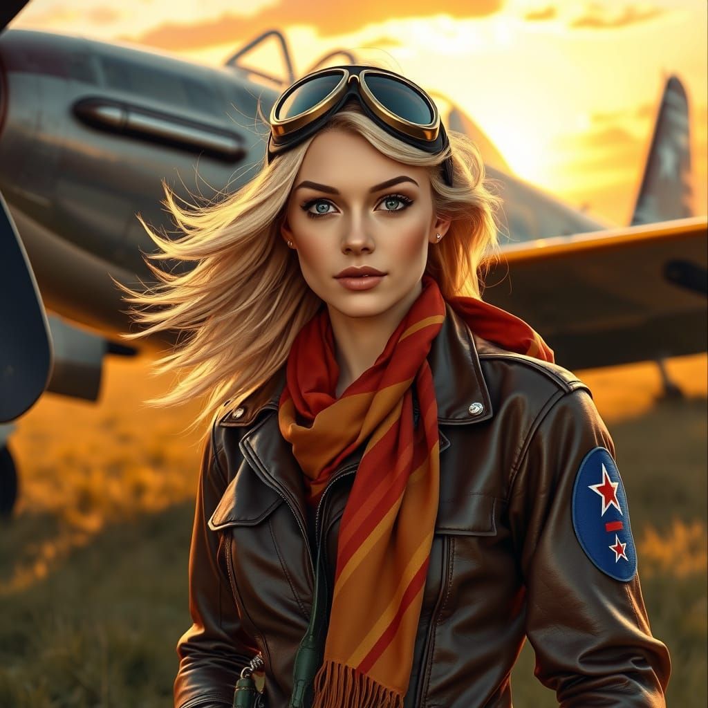 Confident Female Fighter Pilot in Art Deco Style