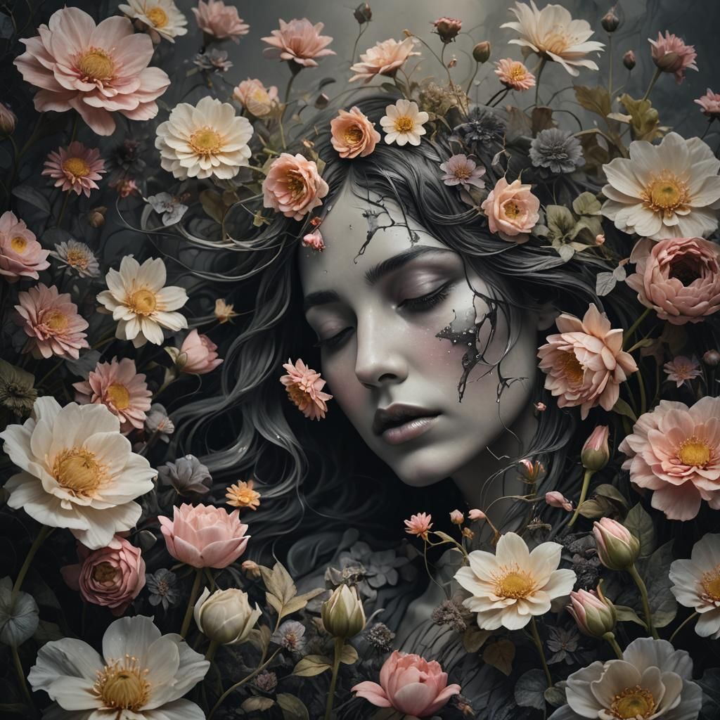 Surreal Woman Melds Into Blossoming Flower Garden