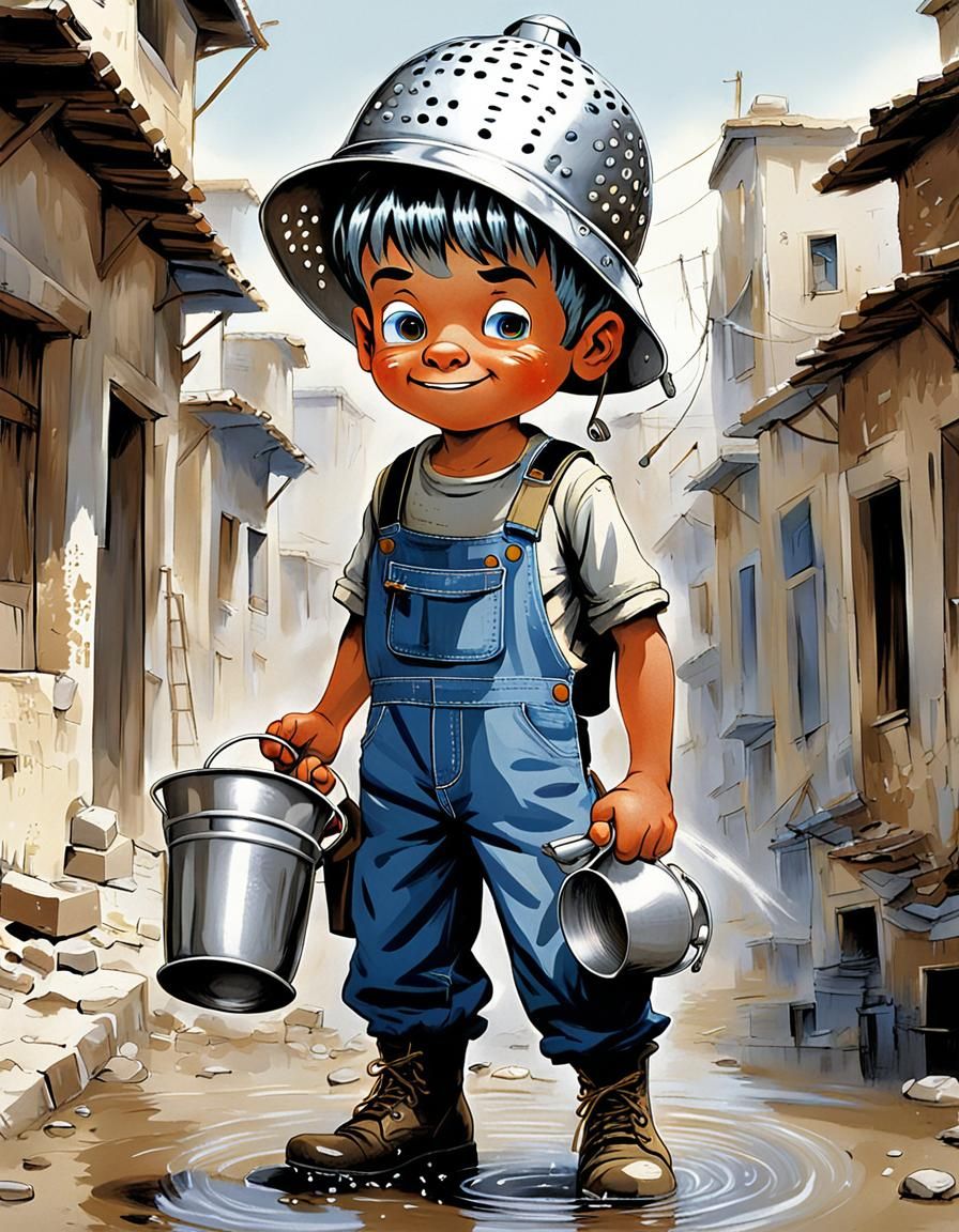 Humorous Cartoon of Boy Soldier with Colander Helmet