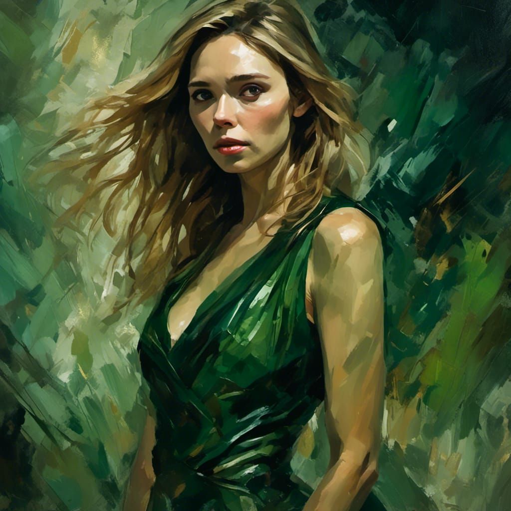 Elizabeth Olsen Portrait in Green Dress, Oil Painting Style