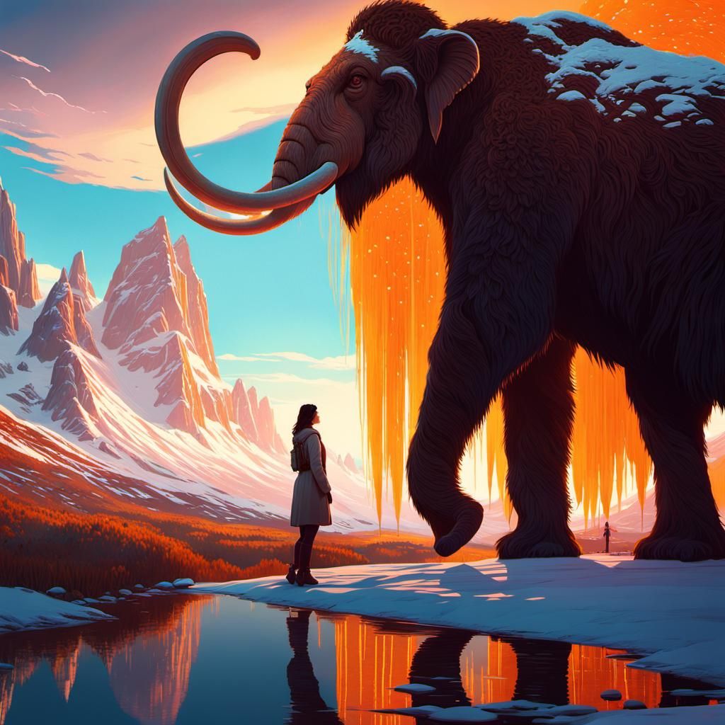 Mammoth and Woman in Illuminated Digital Art