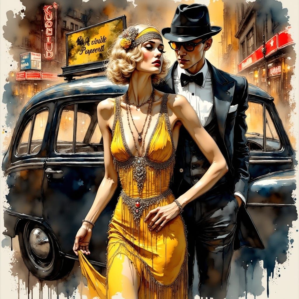 Flapper in Art Deco Style Stepping Out of a Luxurious Taxi