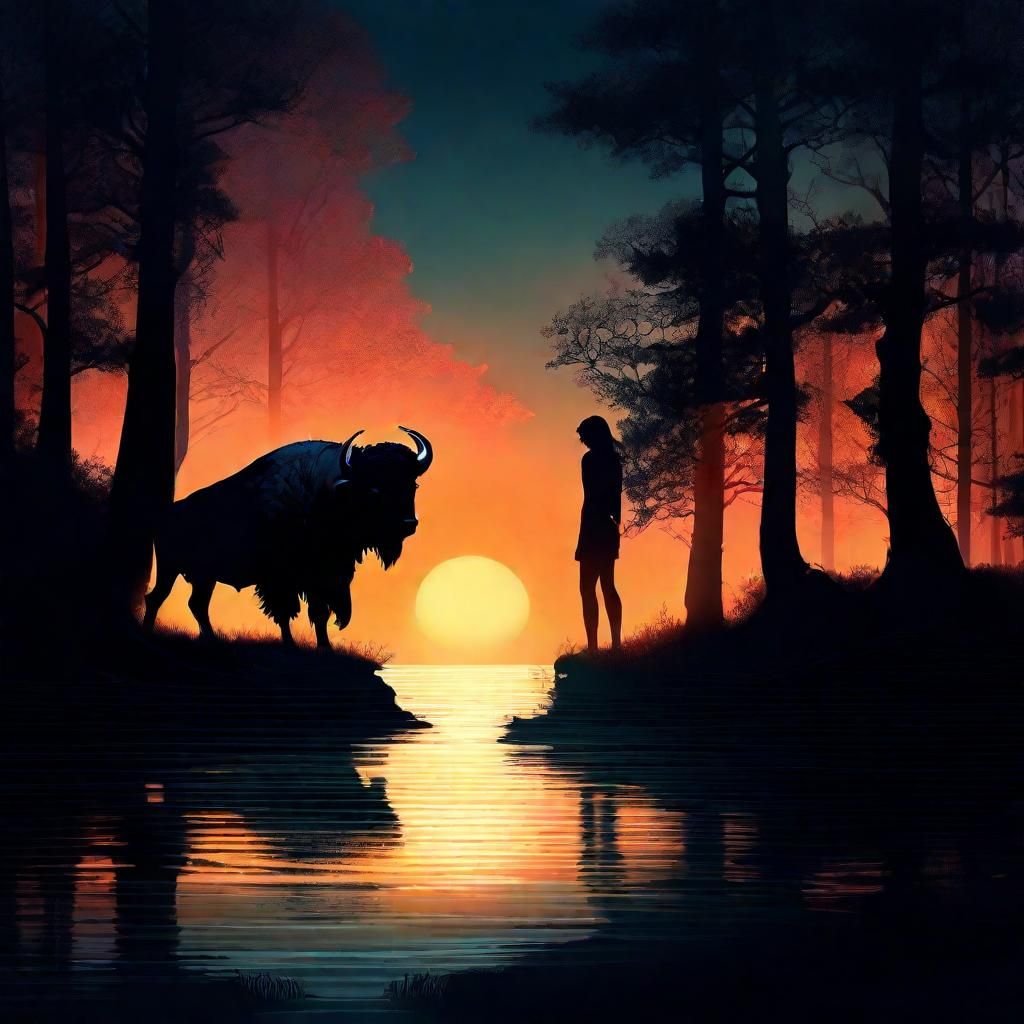 Double Exposure Bison Silhouette in Dark Fantasy Forest