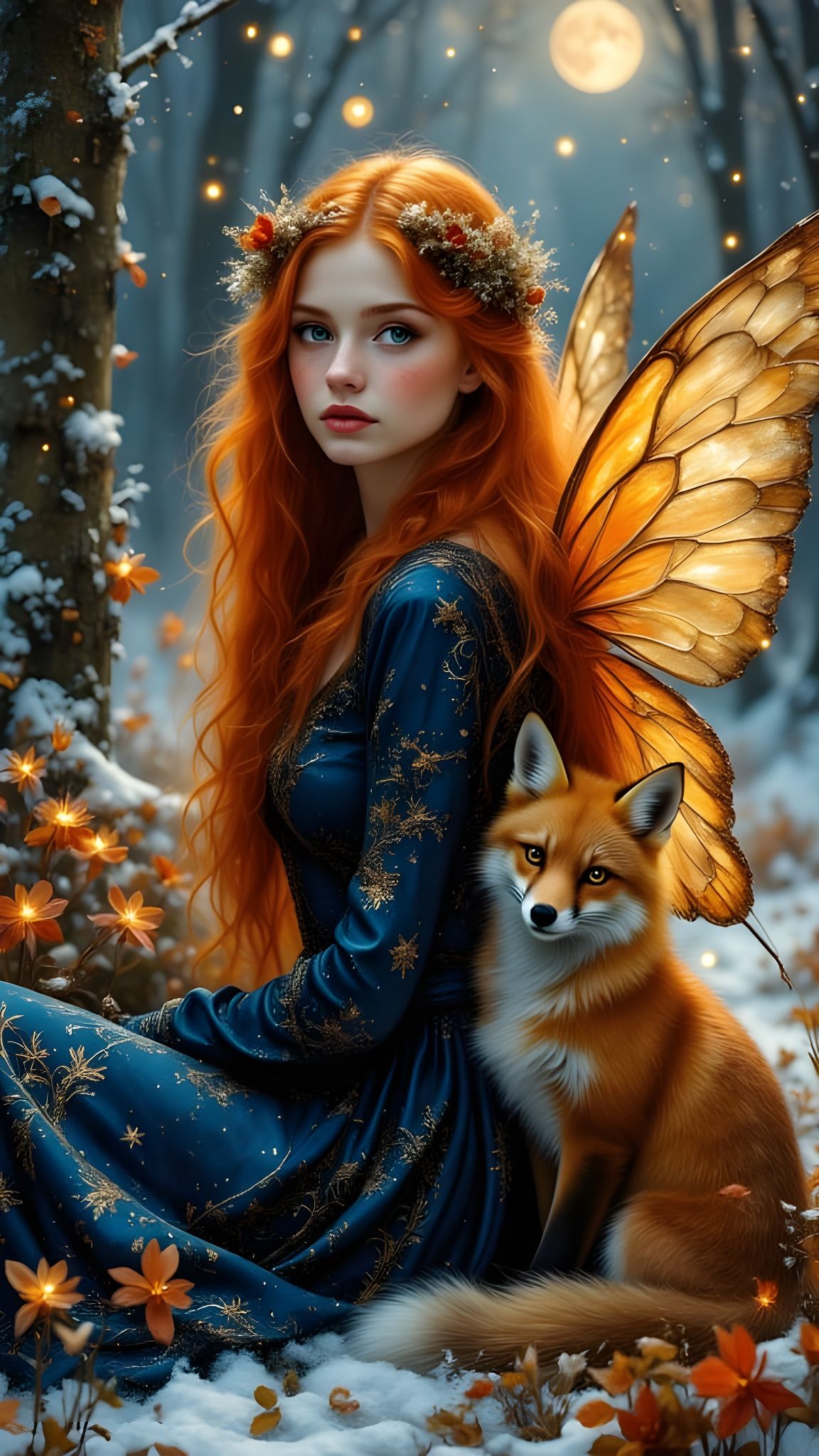 Pre-Raphaelite Fairy Girl with Fox in Snowy Forest